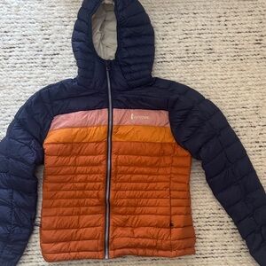 Cotopaxi Two-Tone Hooded Jacket in Orange and Blue